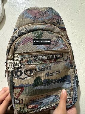 Route 66 Tan Multicolor Canvas Sling Backpack